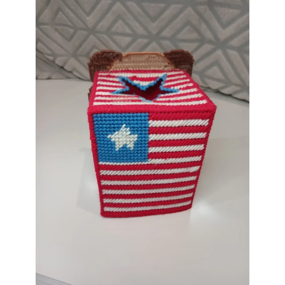 Handmade Needlepoint Plastic Canvas Tissue Box Cover - Patriotic Dog & Sunflower